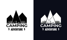 Mountain Logo Vector. Summer Hiking T-shirt Print Design. Hand-drawn Adventure Logo With Pine Tree Forest And Quote - Camp Local. Old-style Camp Outdoors Emblem In Simple Retro Styl