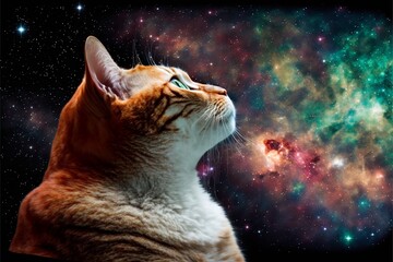 Powerful Epic Legendary Cat Kitten in Universe. Spiritual Animal Awakening Concept.Magical Fantasy Epic Wallpaper. Generative AI.