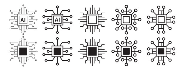 Poster - Artificial intelligence icon design vector bundle collection. Circuit chip digital smart mind network symbol illustration.	