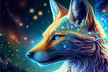 Powerful Epic Legendary Fox Kitsune In Universe. Spiritual Animal Awakening Concept.Magical Fantasy Epic Wallpaper. Generative AI.