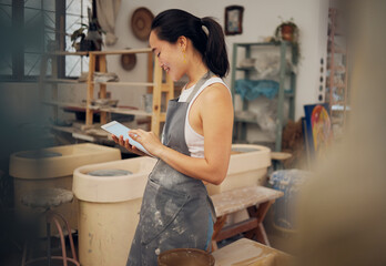 Poster - Tablet, pottery and woman typing for small business, online store and website for clay, sculpture and art. Creative workshop, digital tech and girl do inventory, ecommerce and sell ceramic products