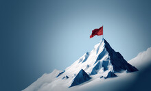 Abstract Blue Mountain With Red Flag On Top, Success Concept, Generative AI Illustration