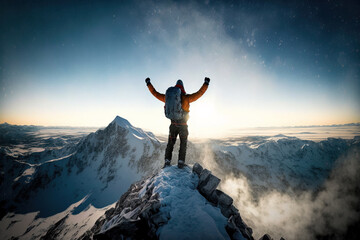 achieving your dreams concept, with mountain climber celebrating success on top of mountain, generat