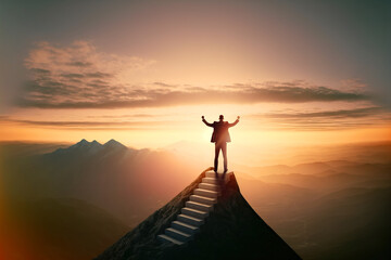 Success in life concept, with business person celebrating on top of mountain at sunset, Generative AI illustration