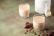 Coffee Date Smoothie Creamy Milkshake In Glass. Healthy Breakfast. Chunky Monkey Smoothie