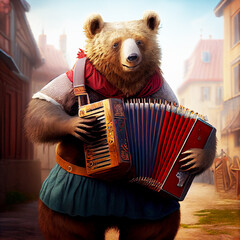 Russian bear with an accordion. Traditional music concept. Generative Ai Art.