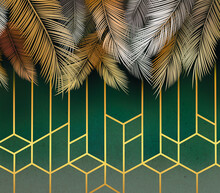 Tropical Palm Leaves. Multicolored Leaves On A Dark Background With A Geometric Gold Pattern. Photowall-paper, Wall-paper For The Internal Press.