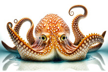 Octopus Sea With Unfolded Tentacles And Black Eyes Isolated On White Background