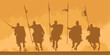 Silhouette of a horse knights and warriors.  Armored latin cavalry. Soldiers attacking. Charge. Crusade. Vector illustration. Isolated. Medieval Europe.