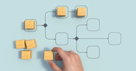 Fototapete - Business process management and automation concept with person moving wooden pieces on flowchart diagram. Workflow implementation to improve productivity and efficiency. Management and organization