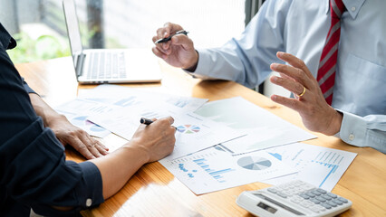 Poster - Business team meeting to conference discussing working analyzing with financial data and marketing business strategy project, presentation and brainstorming to making new project
