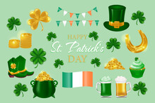 Set Of Irish Symbols For St. Patrick's Day. Leprechaun Hat, Boots, Beer, Ale, Gold Coins, Pot Of Gold, Horseshoe, Garland With Flags And Flag Of Ireland, Shamrock, Clover.Vector Icons Set.