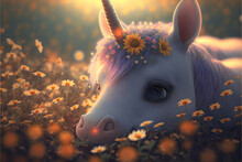 Unicorn In A Field Of Flowers With A Beautiful Sunset, Fantasy Background, Illustration Generative Ai