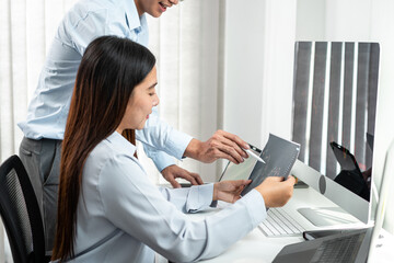 Poster - Investor business team working with computer, tablet and analyzing graph stock market trading planning with chart data financial investment planning