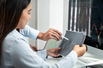 Poster - Investor business team working with computer, tablet and analyzing graph stock market trading planning with chart data financial investment planning