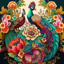 Exotic Oriental Pattern With Peacocks And Flowers In Bright Colors Background. Multicolor Floral With Flower And Bird Wildlife Peacocks  3d Interior Mural Wallpaper.  Generative Ai