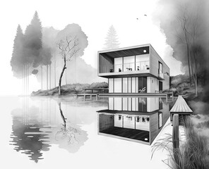 Wall Mural - black and white drawing of a modern minimalist house in idyllic setting, generative AI