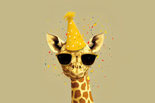 Giraffe In Party Hat And Sunglasses. Generative Ai