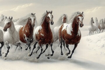  Two horses in winter. AI generated art illustration.
