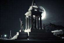  A Statue Of A Woman Holding A Torch In Front Of A Full Moon And A Building With A Clock Tower On It's Side.  Generative Ai