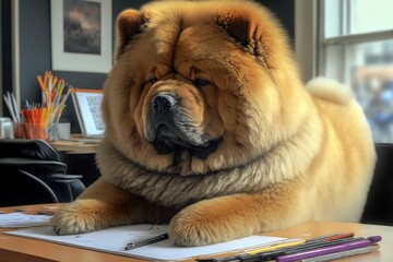 Office Pet Goals Cute Adorable Chow Chow Dog in Business Office Generative AI
