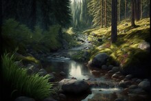  A Painting Of A Stream In A Forest With Rocks And Grass On The Ground And Trees On The Other Side Of The Stream, With A Few Rocks And A Few Bushes And Grass On.  Generative Ai