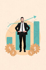 Sticker - Vertical collage photo poster of cheerful successful entrepreneur business owner company budget growth stats isolated on beige color background