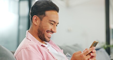 Aufkleber - Phone, sofa and happy man in living room on social media, texting or web scrolling. Relax, cellphone and male on couch in home with mobile smartphone for networking, internet browsing or messaging.