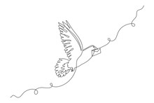 Homing-pigeon Carries Letter, One Line Art Continuous Contour. Hand Drawn Dove With Message, Doodle Bird Correspondence Concept.Editable Stroke.Isolated.Vector Illustration