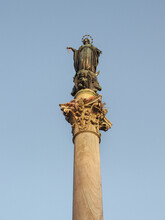 Marian Monument, Cipollino Marble Column With Bronze Statue Of Blessed Virgin Mary On The Top, Known As Column Of The Immaculate Conception Or Colonna Dell'Immacolata. Piazza Mignanelli Square, Rome.