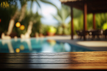 empty wooden table with blurry background of a tropical pool, ai generated