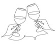 Hand drawn wine clinking glasses one line art,continuous drawing contour.Cheers toast festive decoration for holidays,romantic Valentine's Day design.Editable stroke. Isolated.Vector
