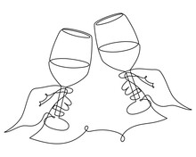 Hand Drawn Wine Clinking Glasses One Line Art,continuous Drawing Contour.Cheers Toast Festive Decoration For Holidays,romantic Valentine's Day Design.Editable Stroke. Isolated.Vector