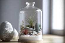  A Glass Jar With Plants Inside Of It On A Table Next To An Egg Shell And A Plant In It On A Table Top With A Window.  Generative Ai