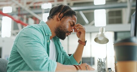 Aufkleber - Headache, tired and burnout business man, working on laptop in office with stress, anxiety and burnout. Fatigue, depression and mental health risk of black man employee headache, angry or frustrated