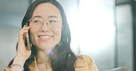 Poster - Phone communication, talking and asian woman at home on a sofa with a online conversation. Phone call, speaking and networking of a person on a mobile phone at a living room house on a couch