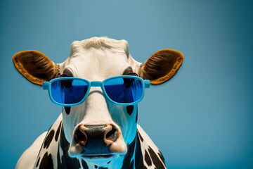 Wall Mural - Funny cow with sunglasses in front of blue studio back. Generative AI