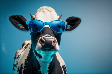 Wall Mural - Funny cow with sunglasses in front of blue studio back. Generative AI