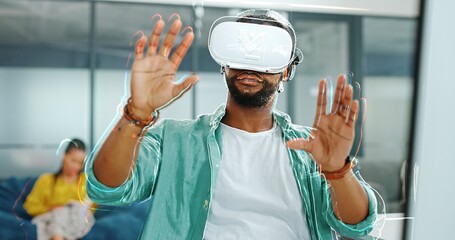 Aufkleber - Virtual reality metaverse, augmented reality vr and black man work on cyber dashboard, digital transformation or ai software. Futuristic, headset and creative graphic designer with future simulation