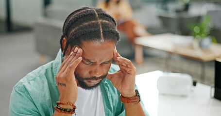 Aufkleber - Headache, tired and burnout business man, working on laptop in office with stress, anxiety and burnout. Fatigue, depression and mental health risk of black man employee headache, angry or frustrated