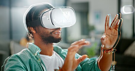 Poster - Virtual reality, vr metaverse and black man work on cyber dashboard, augmented reality or ai software. Digital transformation, future headset and creative graphic designer with futuristic simulation