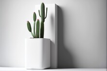  A Cactus In A White Vase On A White Shelf Next To A White Wall And A White Wall Behind It Is A White Wall With A White Background.  Generative Ai