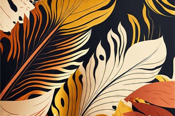 Poster -  a wall with a pattern of leaves on it and a black background with orange, yellow, and white colors on it, and a black background with a white and orange.  generative ai