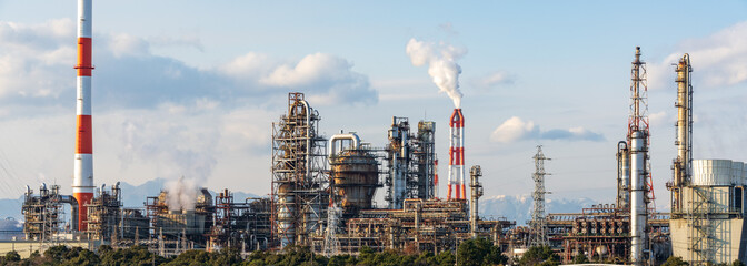 Ultra wide image of the petrochemical complex at Yokkaichi Port, Yokkaichi city, Mie prefecture, Japan at daytime.