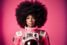 Portrait Of A Young African American Woman Dressed In Pink Astronaut Suit Over Pink Background. Generative AI.