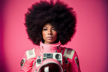 portrait of a young african american woman dressed in pink astronaut suit over pink background. gene