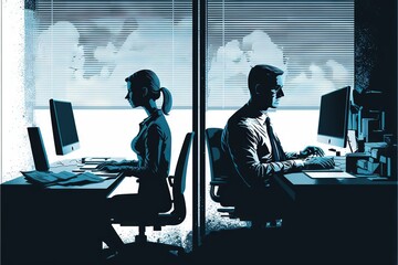  a man and woman sitting at a desk in front of a computer monitor and keyboard in front of a window with a world map on it.  generative ai