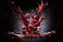  A Splash Of Water With Red Fruit On It And A Black Background With Red Drops Of Water On It And A Black Background With Red Drops Of Water.  Generative Ai