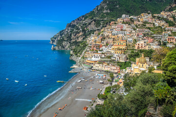 Wall Mural - Above Positano city cliffs and marina with boats and yacht, amalfi coast, Italy