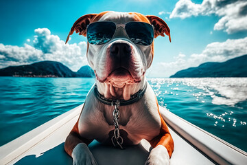 Wall Mural - a pitbull dog with fashion sunglasses , is lying On the yacht